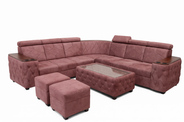 Luxury L-Shaped Sofa Set with Center Table & Ottomans – Custom by Riman Furniture